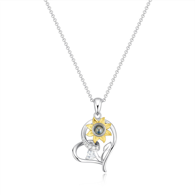 Belela Personalized Silver Sunflower Projection Photo Necklace